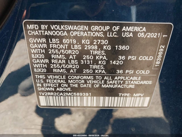 Aukcja sprzedaży 2021 Volkswagen Atlas 3.6l V6 Se W/technology R-line, vin: 1V2RR2CA2MC589391, numer aukcji: 45320094