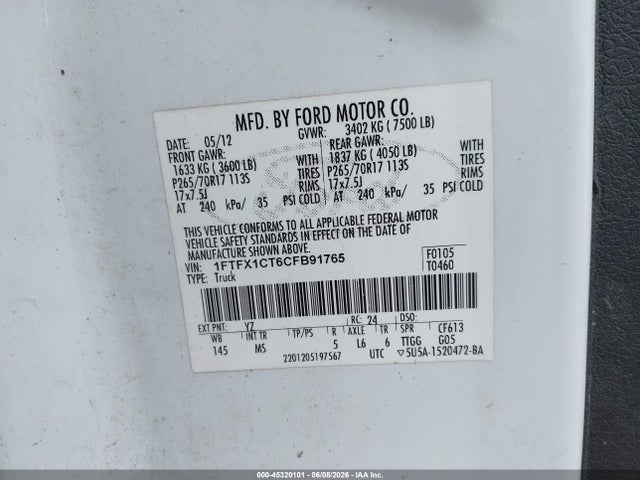 Продажа на аукционе авто 2012 Ford F-150 Xlt, vin: 1FTFX1CT6CFB91765, номер лота: 45320101