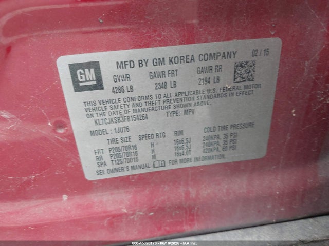 45320170 :رقم المزاد ، KL7CJKSB3FB154264 vin ، 2015 Chevrolet Trax Ls مزاد بيع