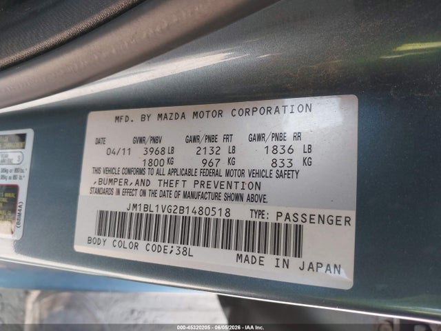 Aukcja sprzedaży 2011 Mazda Mazda3 I Touring, vin: JM1BL1VG2B1480518, numer aukcji: 45320205