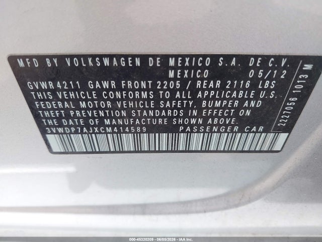 Aukcja sprzedaży 2012 Volkswagen Jetta 2.5l Se, vin: 3VWDP7AJXCM414589, numer aukcji: 45320209