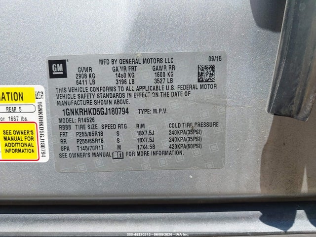 1GNKRHKD5GJ180794 Chevrolet Traverse 2lt