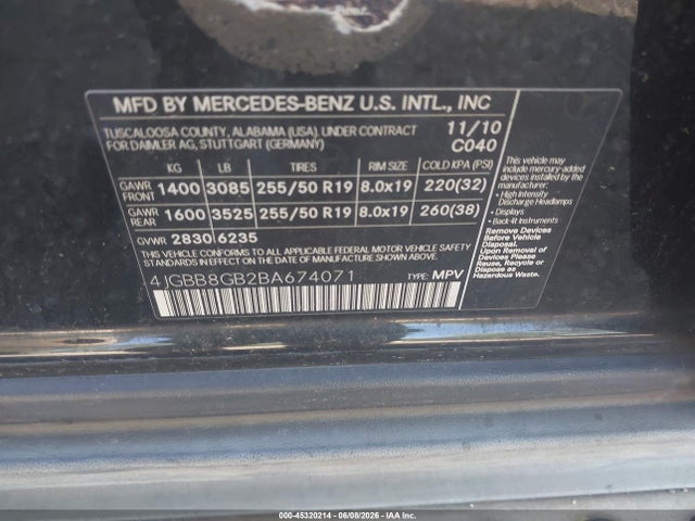 2011 Mercedes-benz Ml 350 4matic მანქანა იყიდება აუქციონზე, vin: 4JGBB8GB2BA674071, აუქციონის ნომერი: 45320214