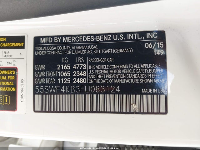 2015 Mercedes-benz C 300 4matic მანქანა იყიდება აუქციონზე, vin: 55SWF4KB3FU083124, აუქციონის ნომერი: 45320221