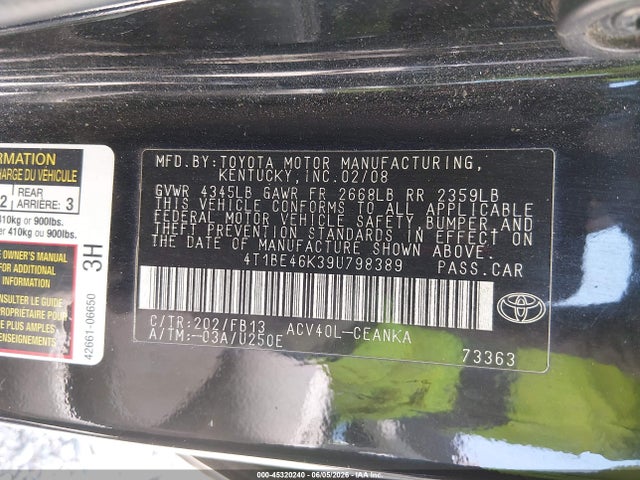 45320240 :رقم المزاد ، 4T1BE46K39U798389 vin ، 2009 Toyota Camry مزاد بيع