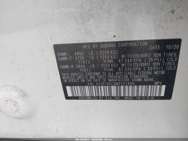 45320272 :رقم المزاد ، 4S4BTADC0M3121489 vin ، 2021 Subaru Outback Premium مزاد بيع