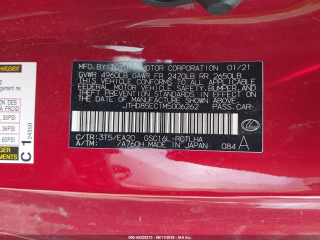 45320273 :رقم المزاد ، JTHD85EC1M5006262 vin ، 2021 Lexus Rc 300 مزاد بيع