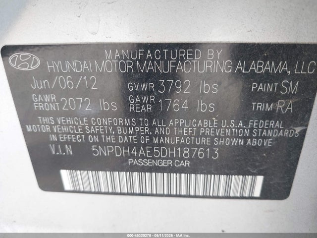 Aukcja sprzedaży 2013 Hyundai Elantra Gls, vin: 5NPDH4AE5DH187613, numer aukcji: 45320278