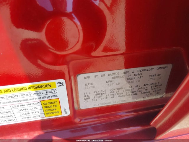45320292 :رقم المزاد ، KL1TG56687B126596 vin ، 2007 Chevrolet Aveo Lt مزاد بيع