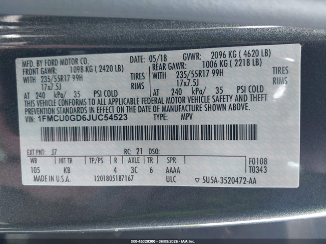 45320300 :رقم المزاد ، 1FMCU0GD6JUC54523 vin ، 2018 Ford Escape Se مزاد بيع