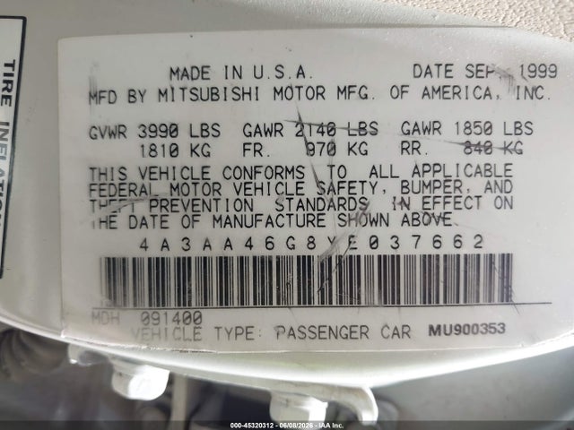 Aukcja sprzedaży 2000 Mitsubishi Galant Es, vin: 4A3AA46G8YE037662, numer aukcji: 45320312