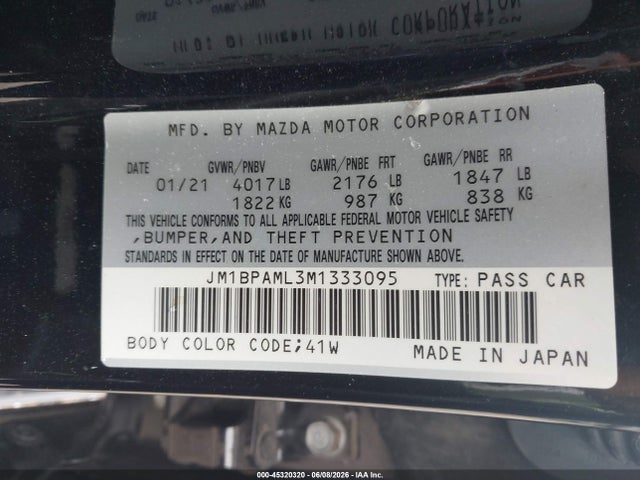 45320320 :رقم المزاد ، JM1BPAML3M1333095 vin ، 2021 Mazda Mazda3 Premium مزاد بيع