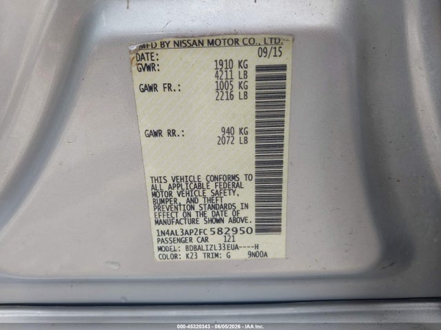 45320343 :رقم المزاد ، 1N4AL3AP2FC582950 vin ، 2015 Nissan Altima 2.5 Sv مزاد بيع