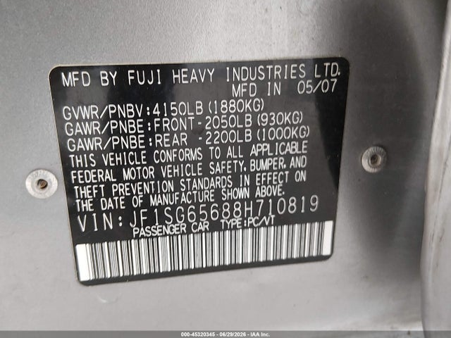 45320345 :رقم المزاد ، JF1SG65688H710819 vin ، 2008 Subaru Forester 2.5x مزاد بيع