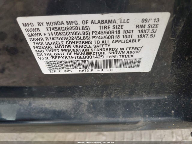 Honda Ridgeline Sport 2014 5FPYK1F70EB001429 Image 9