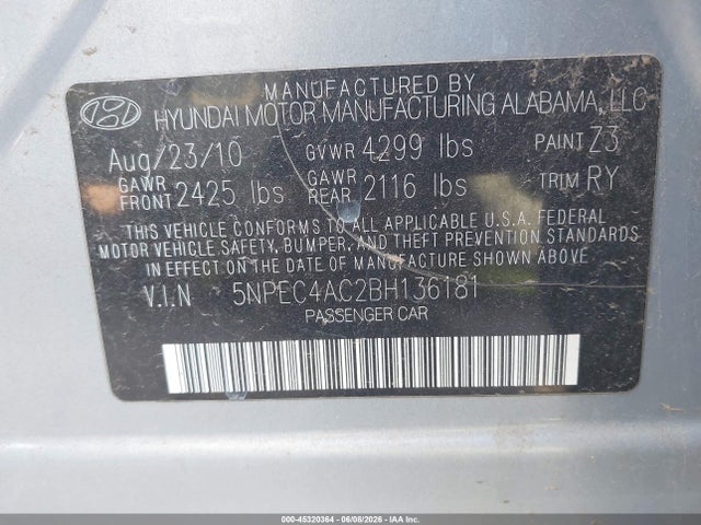 2011 Hyundai Sonata Se მანქანა იყიდება აუქციონზე, vin: 5NPEC4AC2BH136181, აუქციონის ნომერი: 45320364