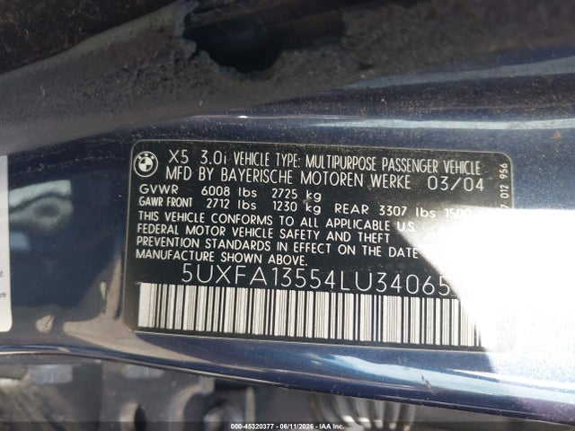 45320377 :رقم المزاد ، 5UXFA13554LU34065 vin ، 2004 Bmw X5 3.0i مزاد بيع