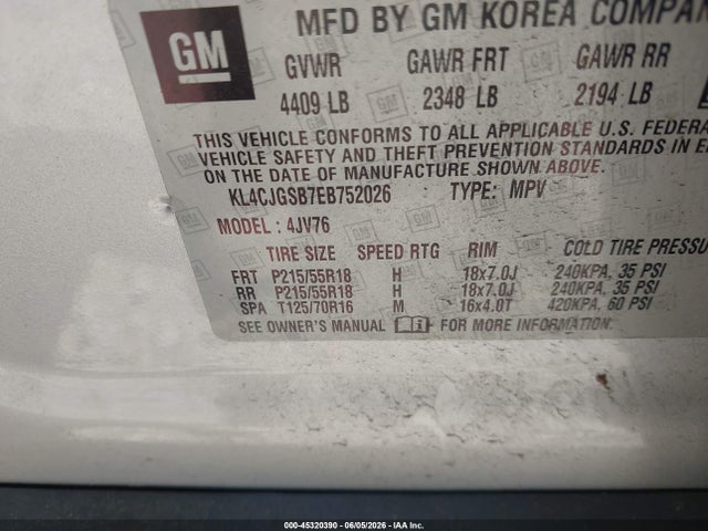 45320390 :رقم المزاد ، KL4CJGSB7EB752026 vin ، 2014 Buick Encore Leather مزاد بيع
