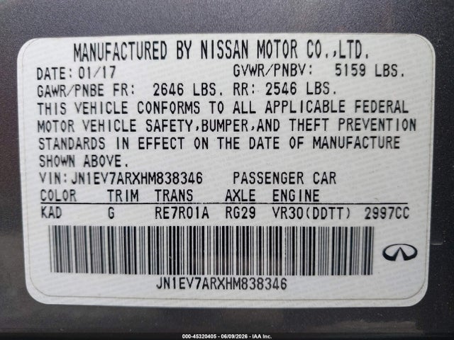 Продаж на аукціоні авто 2017 Infiniti Q50 3.0t Signature Edition, vin: JN1EV7ARXHM838346, номер лоту: 45320405