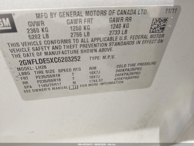 Aukcja sprzedaży 2012 Chevrolet Equinox 1lt, vin: 2GNFLDE5XC6203252, numer aukcji: 45320412