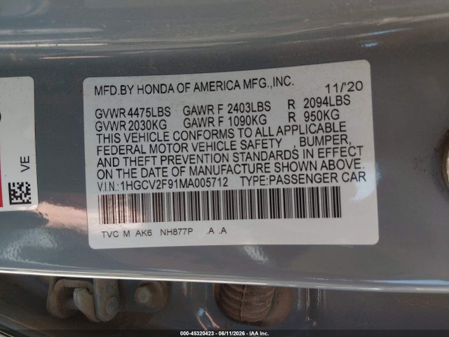 45320423 :رقم المزاد ، 1HGCV2F91MA005712 vin ، 2021 Honda Accord Touring مزاد بيع