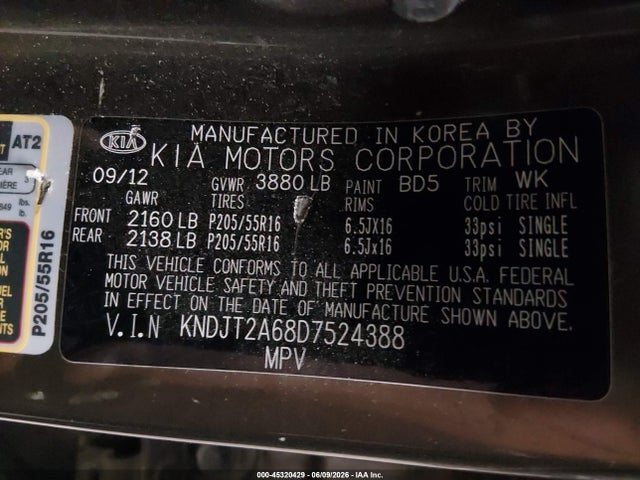 45320429 :رقم المزاد ، KNDJT2A68D7524388 vin ، 2013 Kia Soul + مزاد بيع