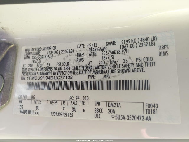 Продаж на аукціоні авто 2013 Ford Escape Sel, vin: 1FMCU9H94DUC77138, номер лоту: 45320463