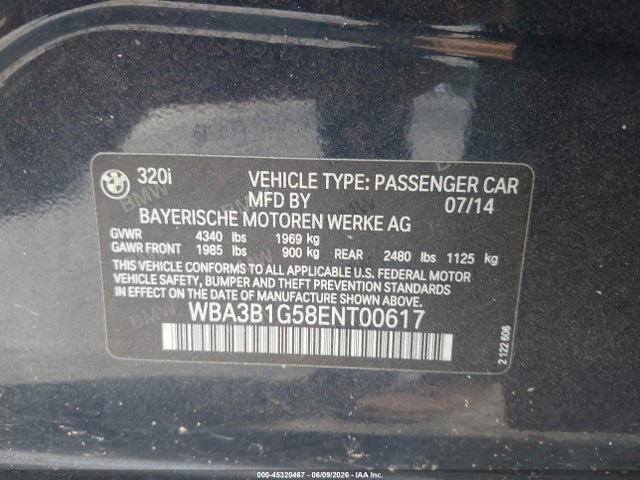 Продаж на аукціоні авто 2014 Bmw 320i, vin: WBA3B1G58ENT00617, номер лоту: 45320467