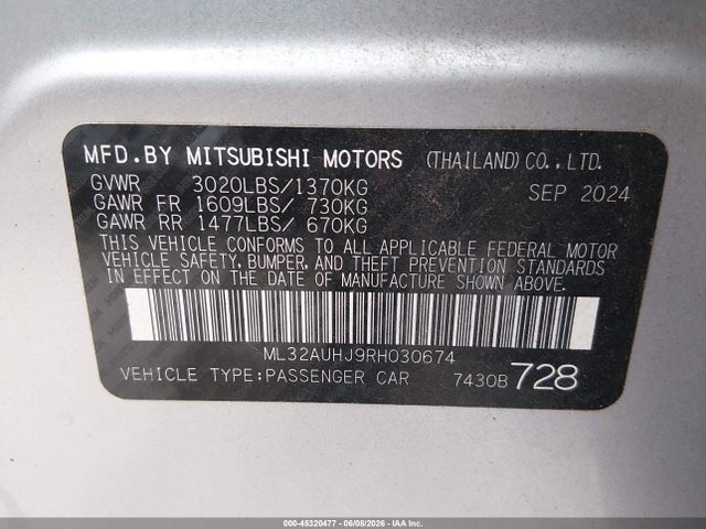 Продаж на аукціоні авто 2024 Mitsubishi Mirage Es/le, vin: ML32AUHJ9RH030674, номер лоту: 45320477