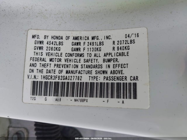 1HGCR3F92GA027782 Honda Accord Touring