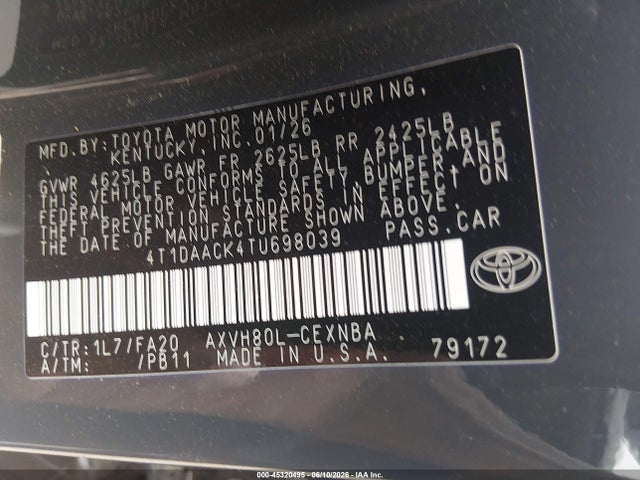 2026 Toyota Camry Le მანქანა იყიდება აუქციონზე, vin: 4T1DAACK4TU698039, აუქციონის ნომერი: 45320495