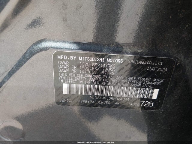 Продаж на аукціоні авто 2024 Mitsubishi Mirage Es/le, vin: ML32AUHJ0RH024844, номер лоту: 45320500