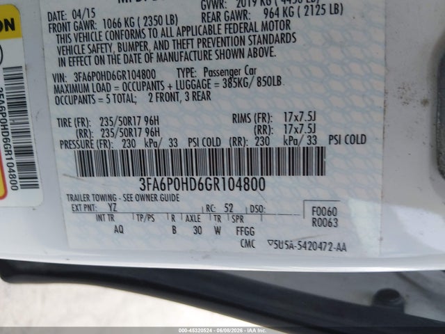 Aukcja sprzedaży 2016 Ford Fusion Se, vin: 3FA6P0HD6GR104800, numer aukcji: 45320524