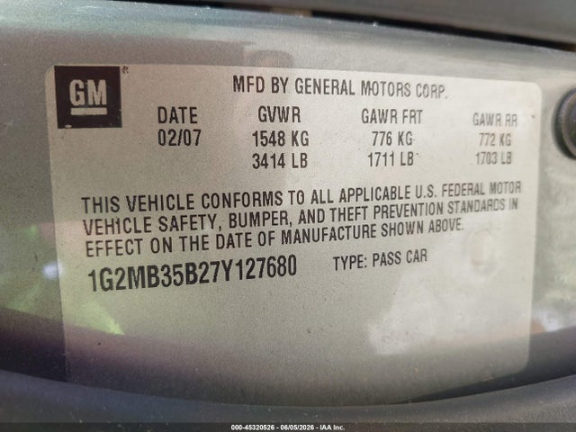 Aukcja sprzedaży 2007 Pontiac Solstice, vin: 1G2MB35B27Y127680, numer aukcji: 45320526