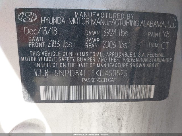Aukcja sprzedaży 2019 Hyundai Elantra Sel, vin: 5NPD84LF5KH450525, numer aukcji: 45320529