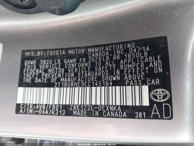 Aukcja sprzedaży 2014 Toyota Corolla Le, vin: 2T1BURHE9EC145164, numer aukcji: 45320531
