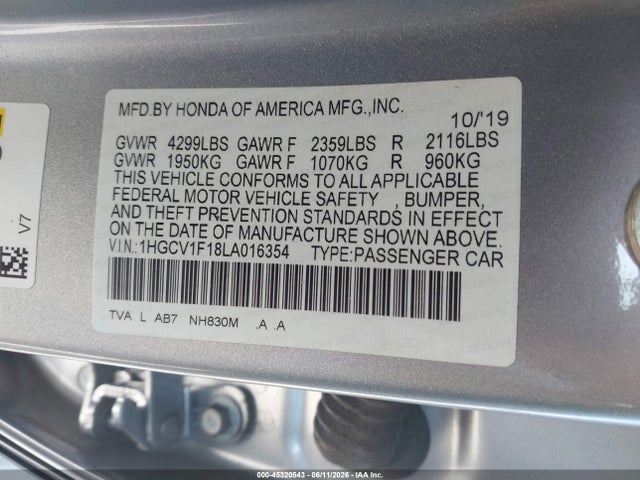 Продаж на аукціоні авто 2020 Honda Accord Lx, vin: 1HGCV1F18LA016354, номер лоту: 45320543
