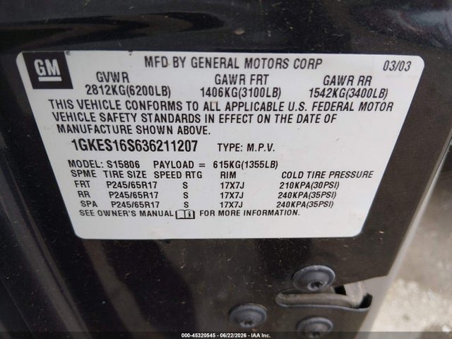 Продажа на аукционе авто 2003 Gmc Envoy Xl Sle, vin: 1GKES16S636211207, номер лота: 45320545