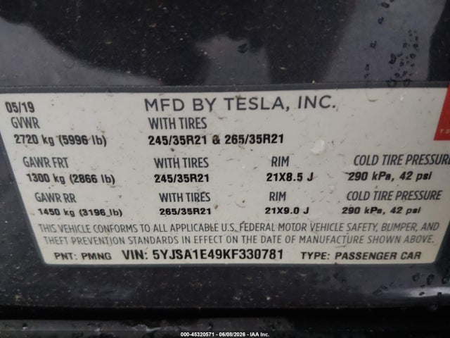 2019 Tesla Model S 100d/long Range/p100d/performance მანქანა იყიდება აუქციონზე, vin: 5YJSA1E49KF330781, აუქციონის ნომერი: 45320571