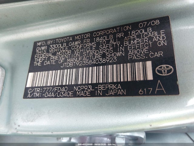 Продаж на аукціоні авто 2008 Toyota Yaris, vin: JTDBT923584038923, номер лоту: 45320589