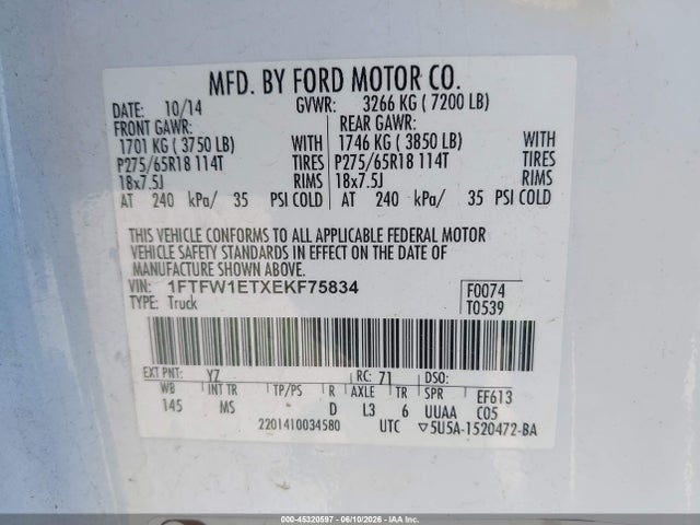 Aukcja sprzedaży 2014 Ford F-150 Xlt, vin: 1FTFW1ETXEKF75834, numer aukcji: 45320597