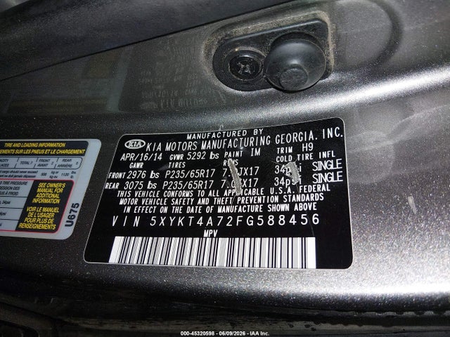 KIA Sorento Lx V6 2015 5XYKT4A72FG588456 Image 9