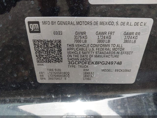45320599 :رقم المزاد ، 3GCPDFEK8PG249748 vin ، 2023 Chevrolet Silverado 1500 4wd  Short Bed Lt Trail Boss مزاد بيع