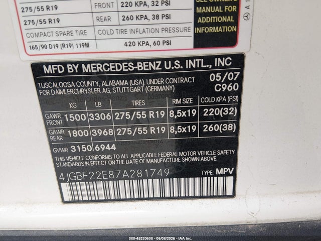 Продаж на аукціоні авто 2007 Mercedes-benz Gl 320 Cdi 4matic, vin: 4JGBF22E87A281749, номер лоту: 45320608