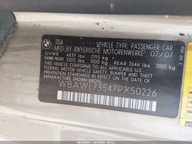 Aukcja sprzedaży 2007 Bmw 335i, vin: WBAWL73547PX50226, numer aukcji: 45320611
