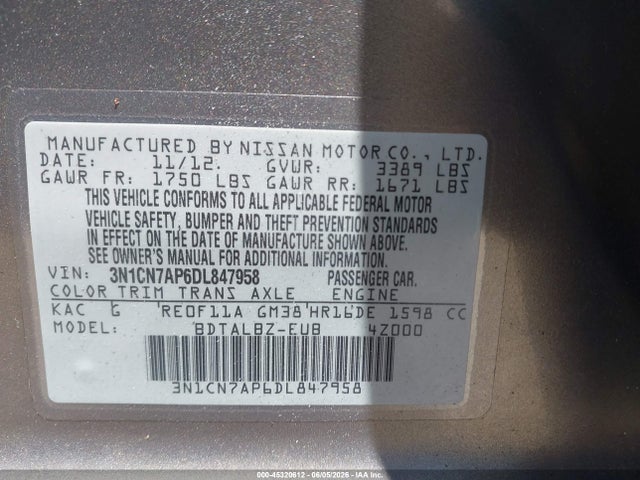 Aukcja sprzedaży 2013 Nissan Versa 1.6 Sv, vin: 3N1CN7AP6DL847958, numer aukcji: 45320612