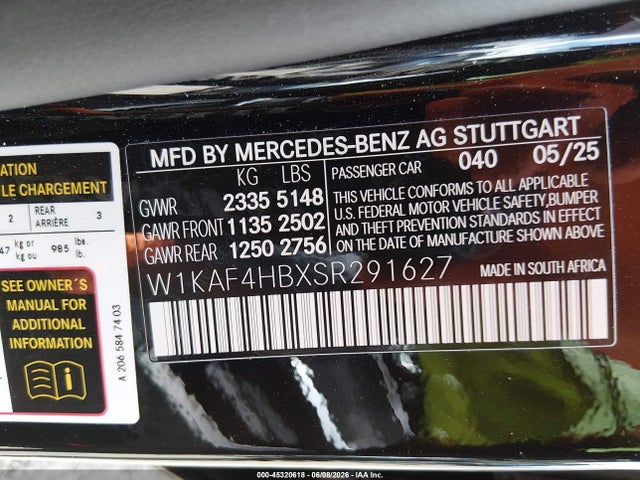 Продажа на аукционе авто 2025 Mercedes-benz C 300, vin: W1KAF4HBXSR291627, номер лота: 45320618