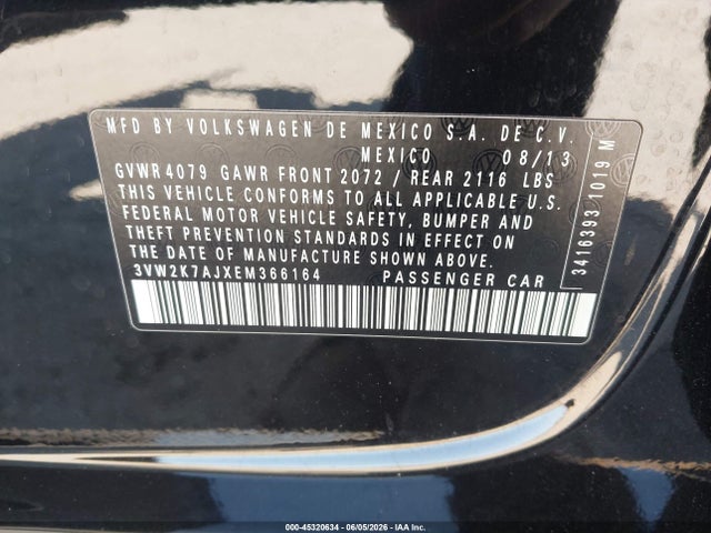 45320634 :رقم المزاد ، 3VW2K7AJXEM366164 vin ، 2014 Volkswagen Jetta 2.0l S مزاد بيع