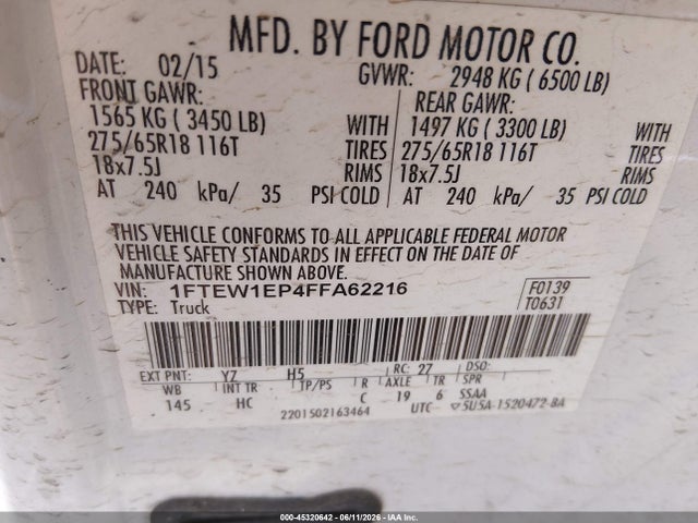 1FTEW1EP4FFA62216 Ford F-150 Lariat