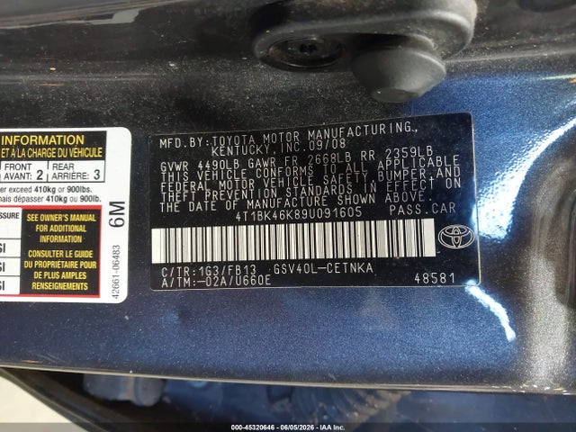 Auction sale of the 2009 Toyota Camry Le V6, vin: 4T1BK46K89U091605, lot number: 45320646